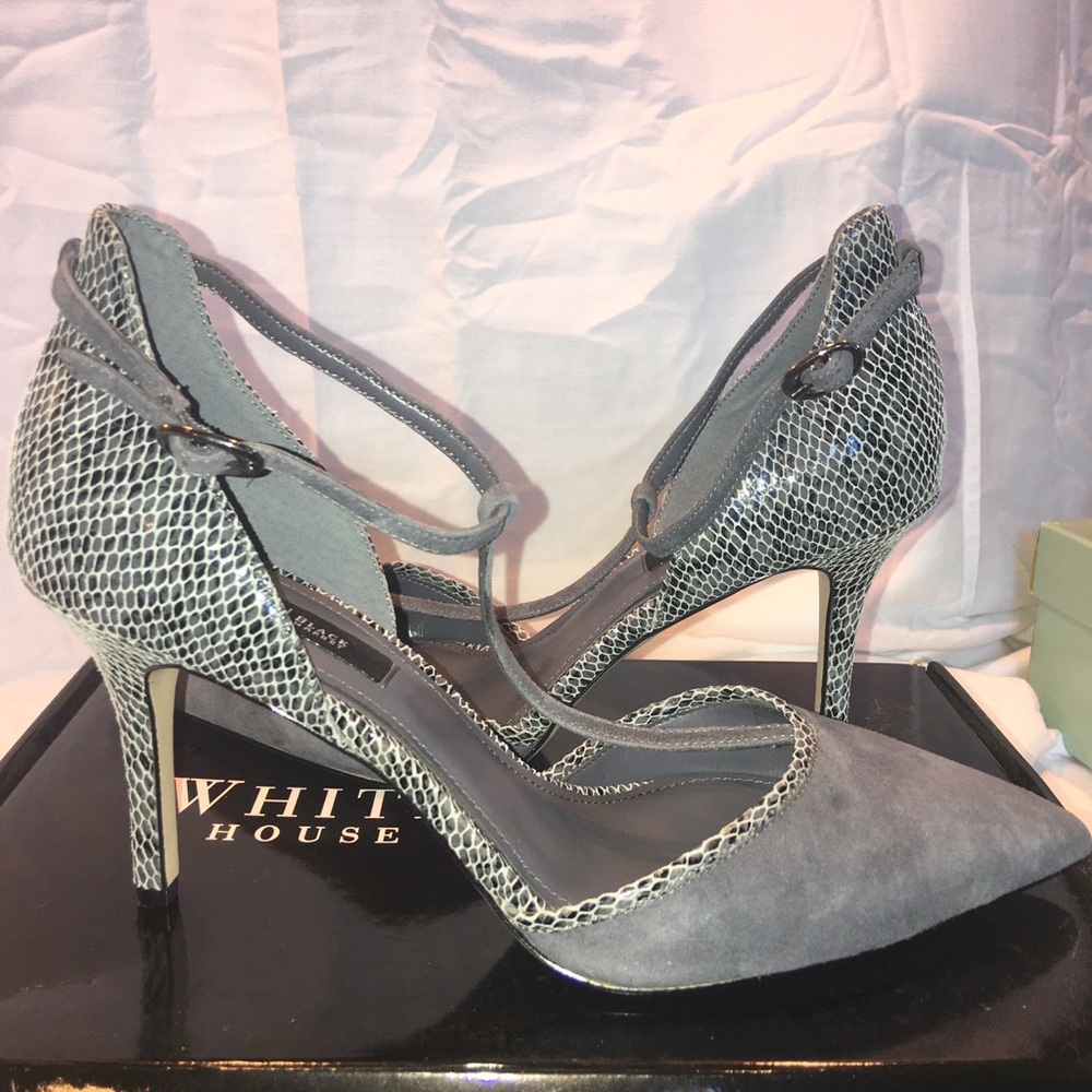 White House Black Market Grey Suede T Strap Heels